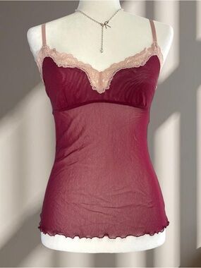 Sheer Burgundy Lace Trim Cami Top